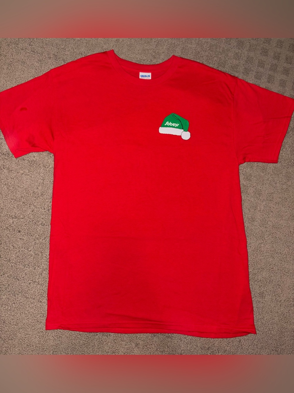 Sobeys T-Shirt Red, Holiday Tee, Green Santa Hat Sobeys Logo, Seasonal, Men’s L